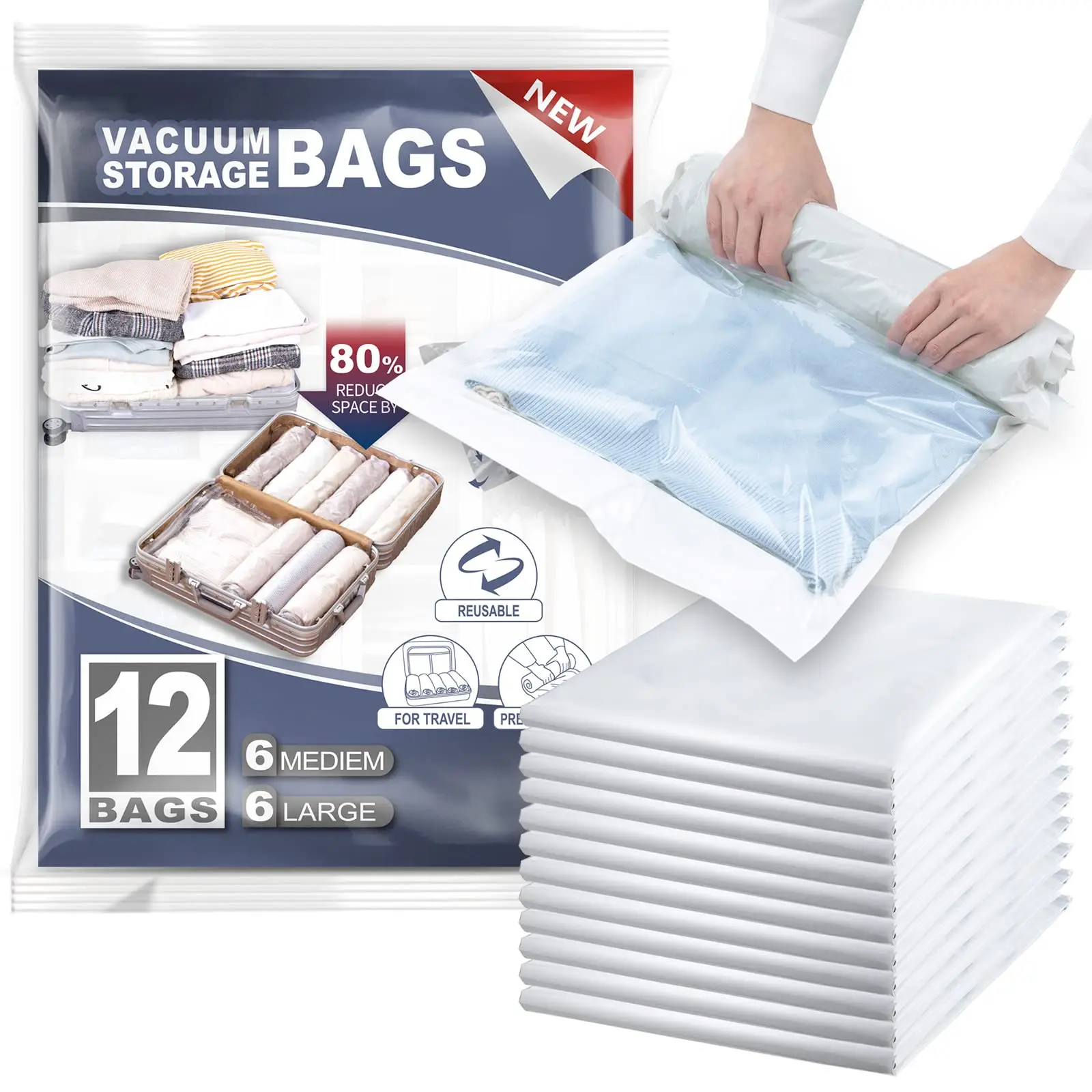 TAILI 12 Pack Travel Compression Bags, Roll Up Space Saver Bags Combo (6 Large, 6 Medium), No Vacuum Needed Reusable Packing Bag