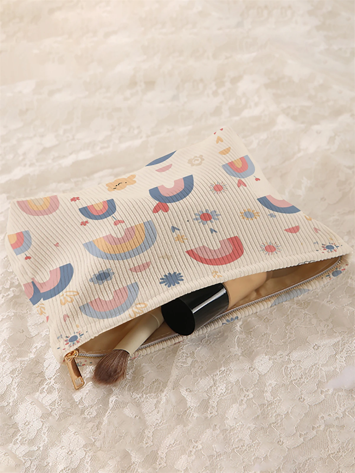 Printed pattern corduroy makeup bag, lightweight zipper makeup storage box, multifunctional bag with lining