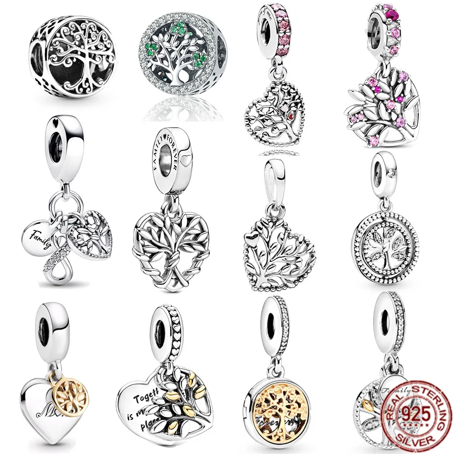 

Hot Sale 925 Sterling Silver Sparkling Pink Heart Family Tree Dangle Charm Bead Fit Original Pandora Bracelet DIY Jewelry Gift