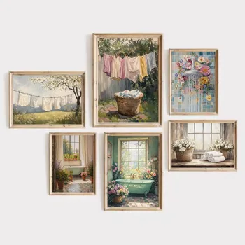 Lavanderia vintage Arte floreale Vasca da bagno Doccia Stendibiancheria Poster Tela Pittura Immagini murali Bagno rustico Decorazioni per la casa 1