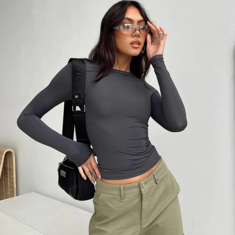 

2023 Autumn Solid Long Sleeve T-shirts Casual Slim Crop Tops Women Fashion All Match Basic Tees Female Yoga T Shirts Streetwear