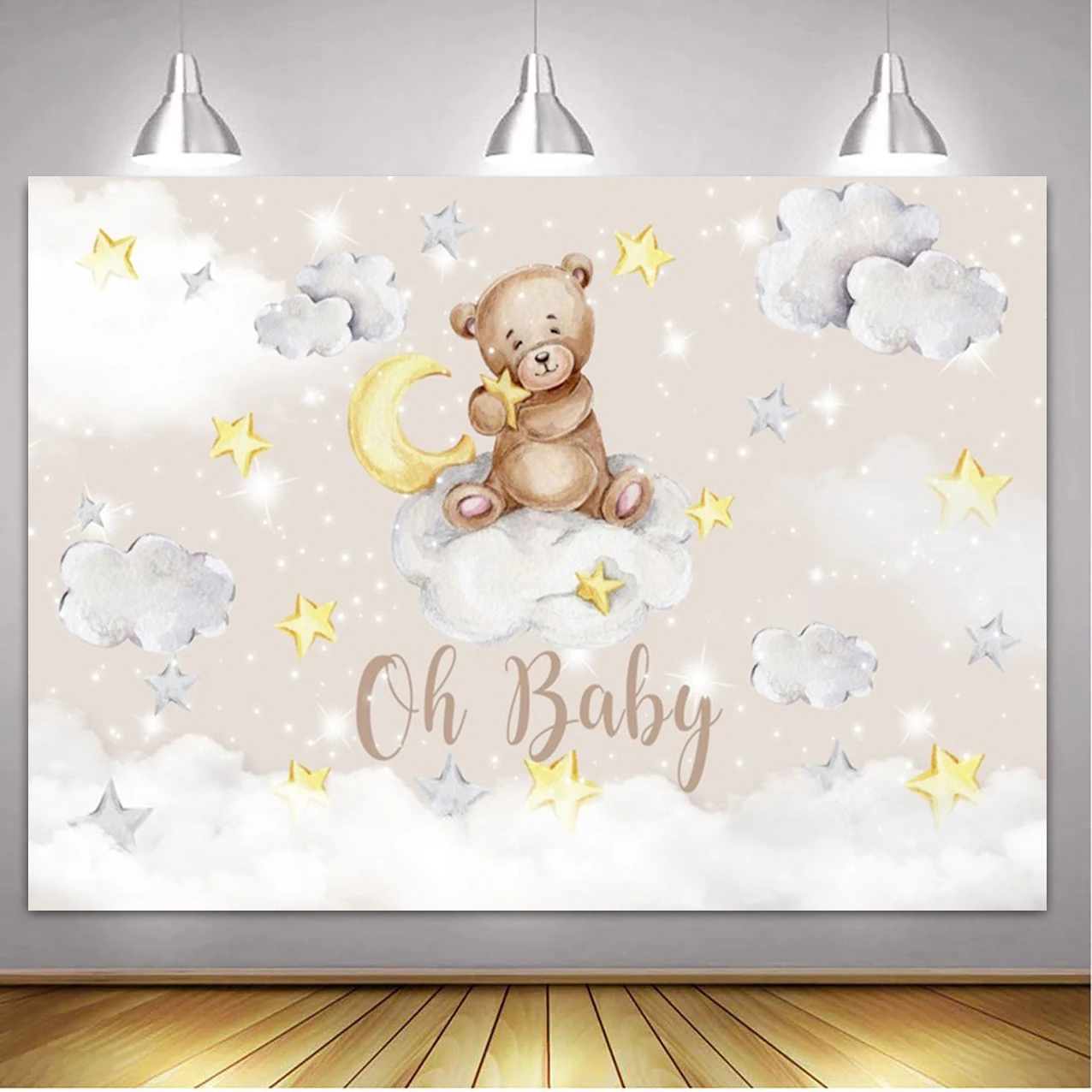 Teddy Bear Baby Shower Backdrop with Floral and Balloon Decor for Photography and Kid's Birthday Parties