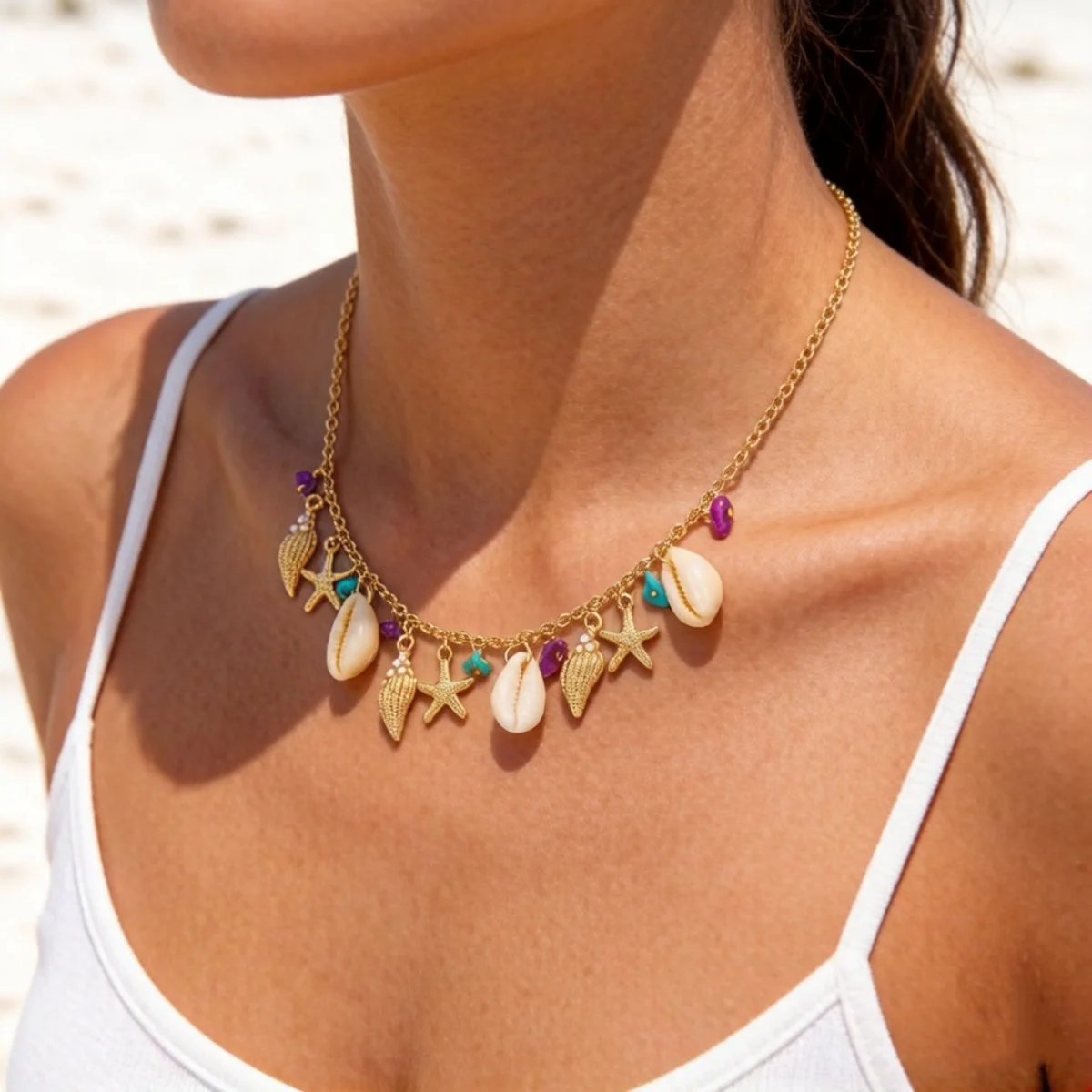 Boho-Halskette mit Muschel-, Seestern- und Schalenanhänger aus zerstoßenen Steinen für Damen und Herren, Ozean-, Strand-, Sommerurlaubsschmuck