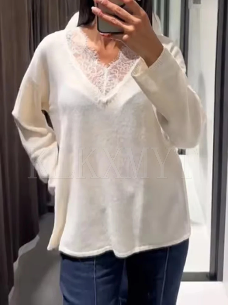 Chic Autumn Knitted Pullover Women Elegant Lace Splicing V neck Sweater Fashion Casual Long Sleeve Female Elegant Knitwear Top