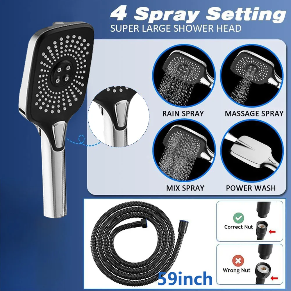 12 Inch Bathroom Shower Faucet Set 3+1 Settings Rain/Rainfall Shower Heads Height/Angle Adjustable Handheld Top Spray Showerhead
