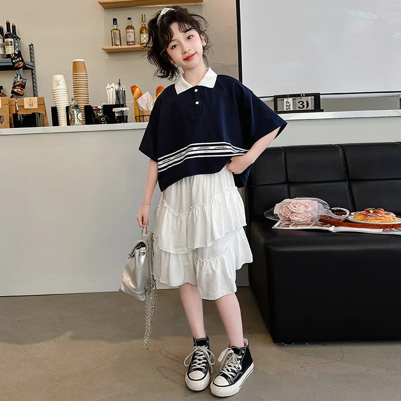 

Корейский Летний комплект детской одежды из 2 предметов для девочек, школьная одежда для девочек, контрастные топы поло с коротким рукавом и юбка-торт, комплект школьной одежды для девочек, 2024