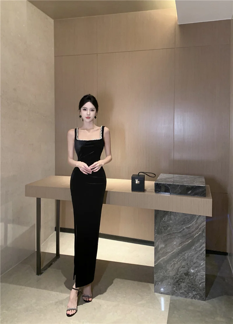 Elegant Bodycon Sleeveless Black Velvet Dresses for Women Diamonds High Slit Evening Party Dress Prom Robe One Piece Vestido New