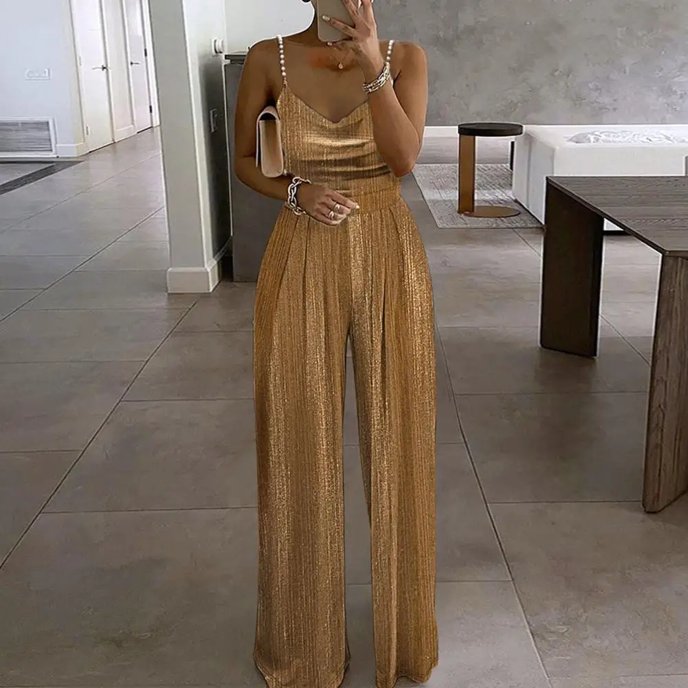 V-neck Jumpsuit Elegant Pearl V Neck Jumpsuit for Women Wide Leg Solid Color High Waist Party Prom Jumpsuit V-neck Sleeveless