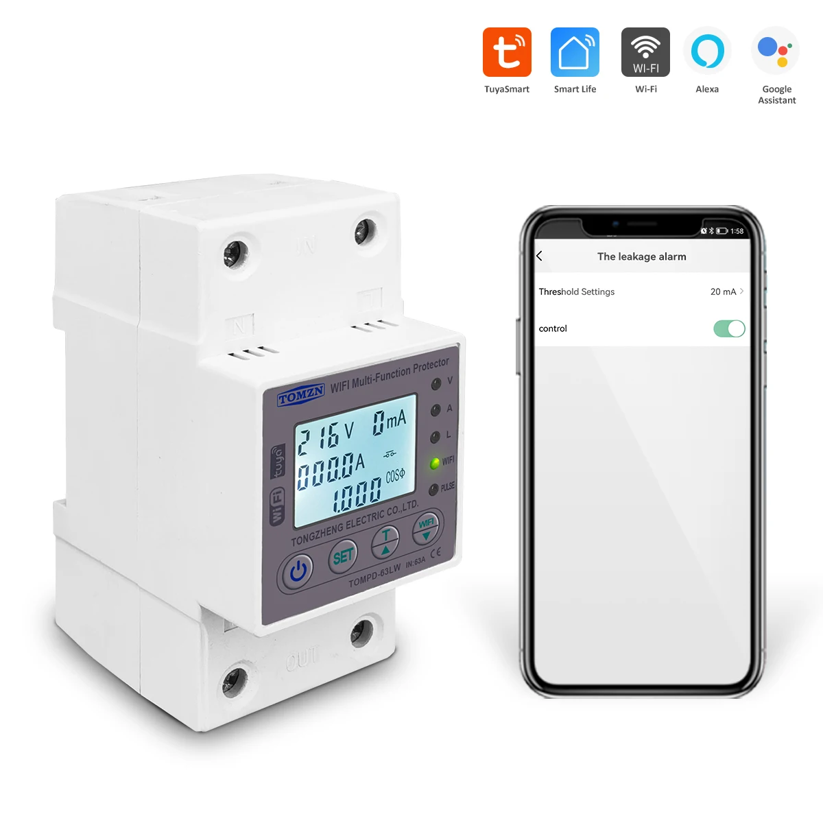 TOMZN-Tuya WiFi Smart Switch Energy Meter, Kwh Medição Disjuntor, Temporizador com Corrente de Tensão e Proteção contra Vazamentos, 63A