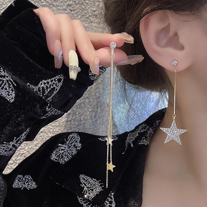 

Trendy Gold Plated Diamond Star Long Stud Earrings Asymmetric Earrings for Women Fashion New Tassel Earrings Jewelry