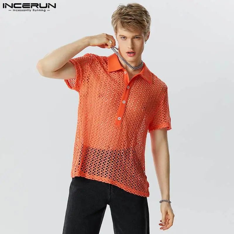 

Stylish Casual Style Tops INCERUN Mens See-through Mesh Hollowed Shirts Male Well Fitting Solid Short Sleeved Lapel Blouse S-5XL