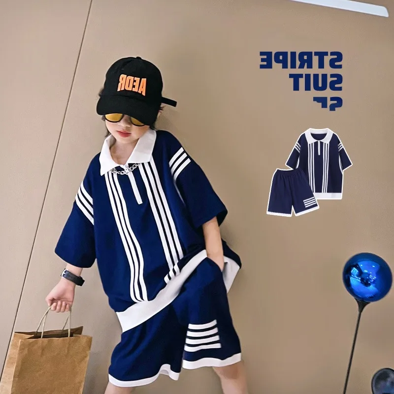 

Summer Boys Cotton Loose Striped Half Zip t-Shirt Tops+Shorts Pant Suit School Kids Preppy Clothes Sets Children Outfits 5-16Yrs