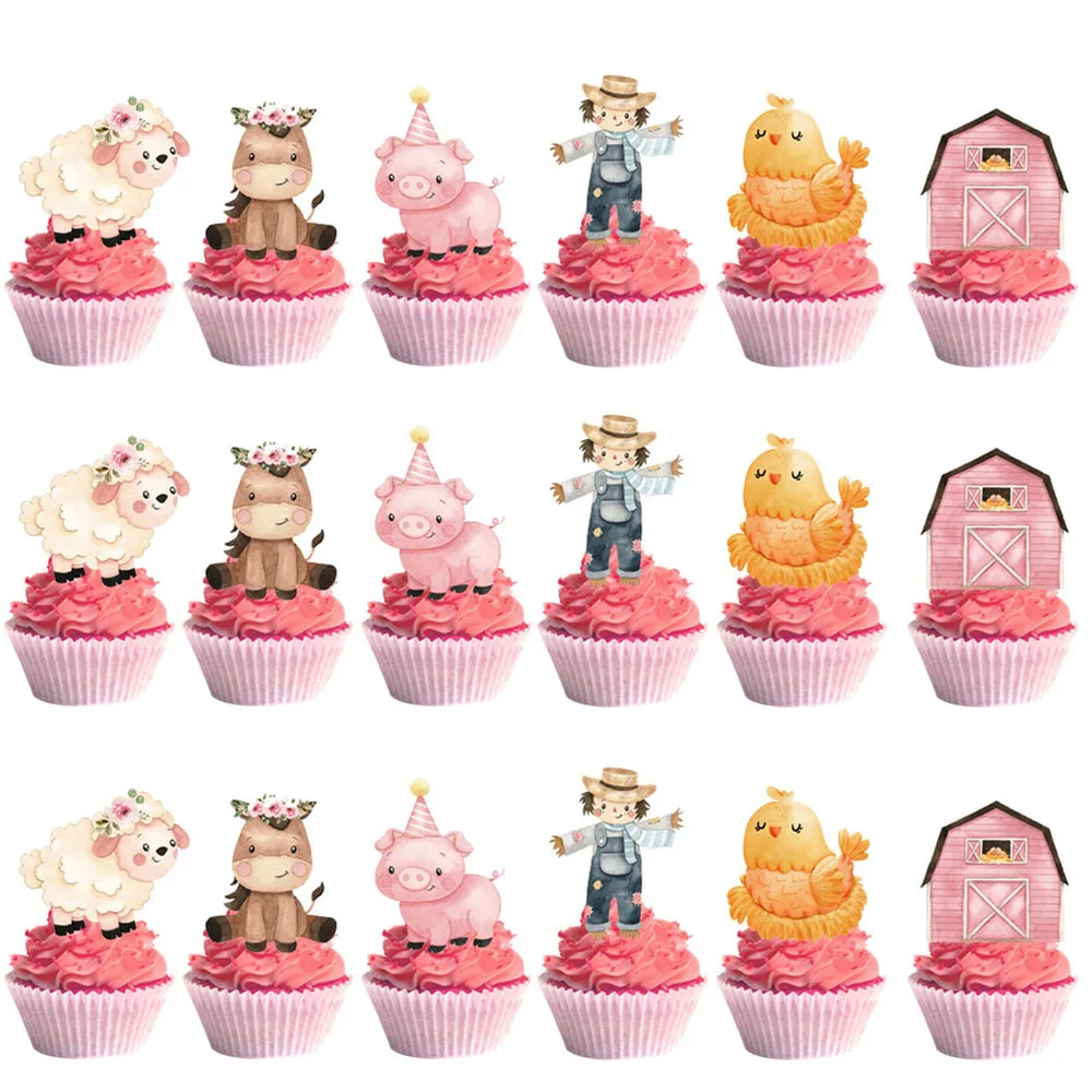24Pcs Farm Cupcake Toppers Farm Animal Pig Sheep Chicken Spaventapasseri Pony Cake Decor Farm Birthday Baby Shower Forniture Per Cortile