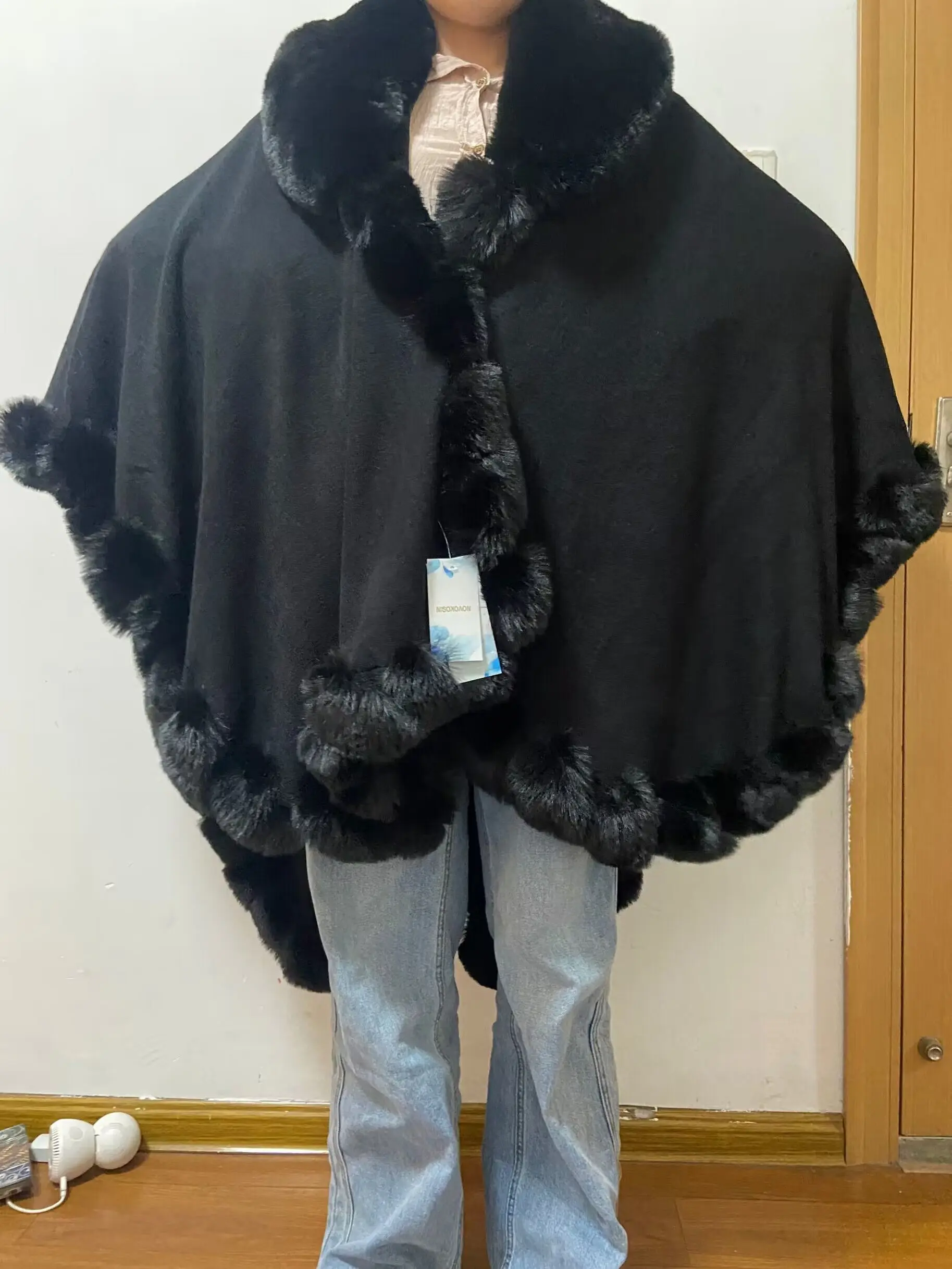 16 Colors Women String Rabbit Fur Collar Outstreet Wear Winter Thick Poncho Cardigan Long Cloak Big Pendulum Loose Shawl Coat