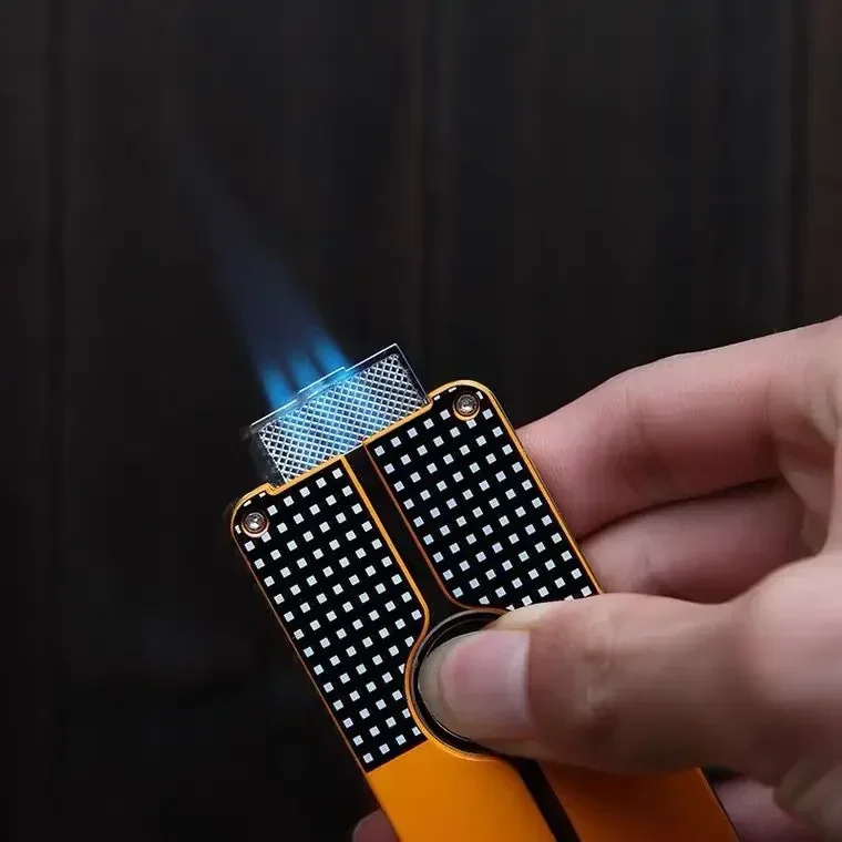 Windproof Metal Lighter, Three Flame Blue Flame Direct Jet Butane Flashlight Portable Cigar Punch Texture Small Gift 5
