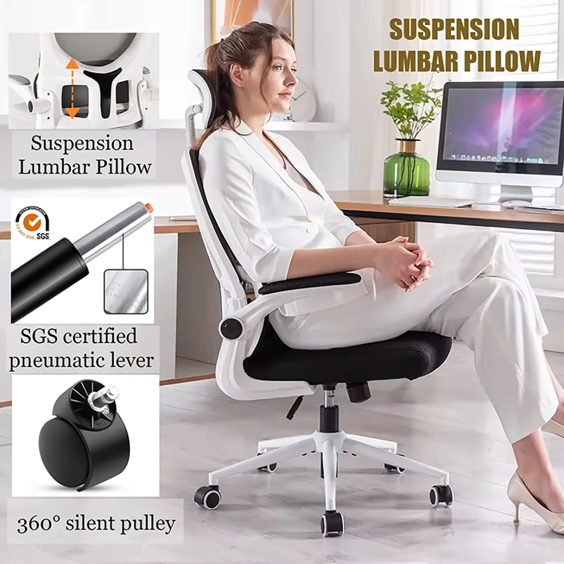Mesh Office Chair High Back Ergonomic Desk Chair with Lumbar Support and Flip up Armrest Adjustable Headrest for Black Home 4