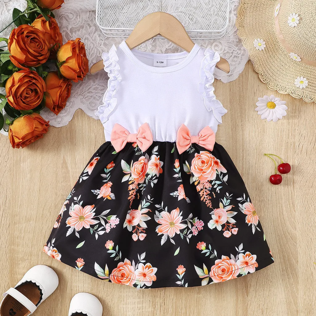 Girls Dress Baby Girl Dress Baby Girl Summer Clothes Floral Print Sleeveless Dresses Pastoral Style Wedding Party Dress with Bow for Toddler Girl 0-3 Years