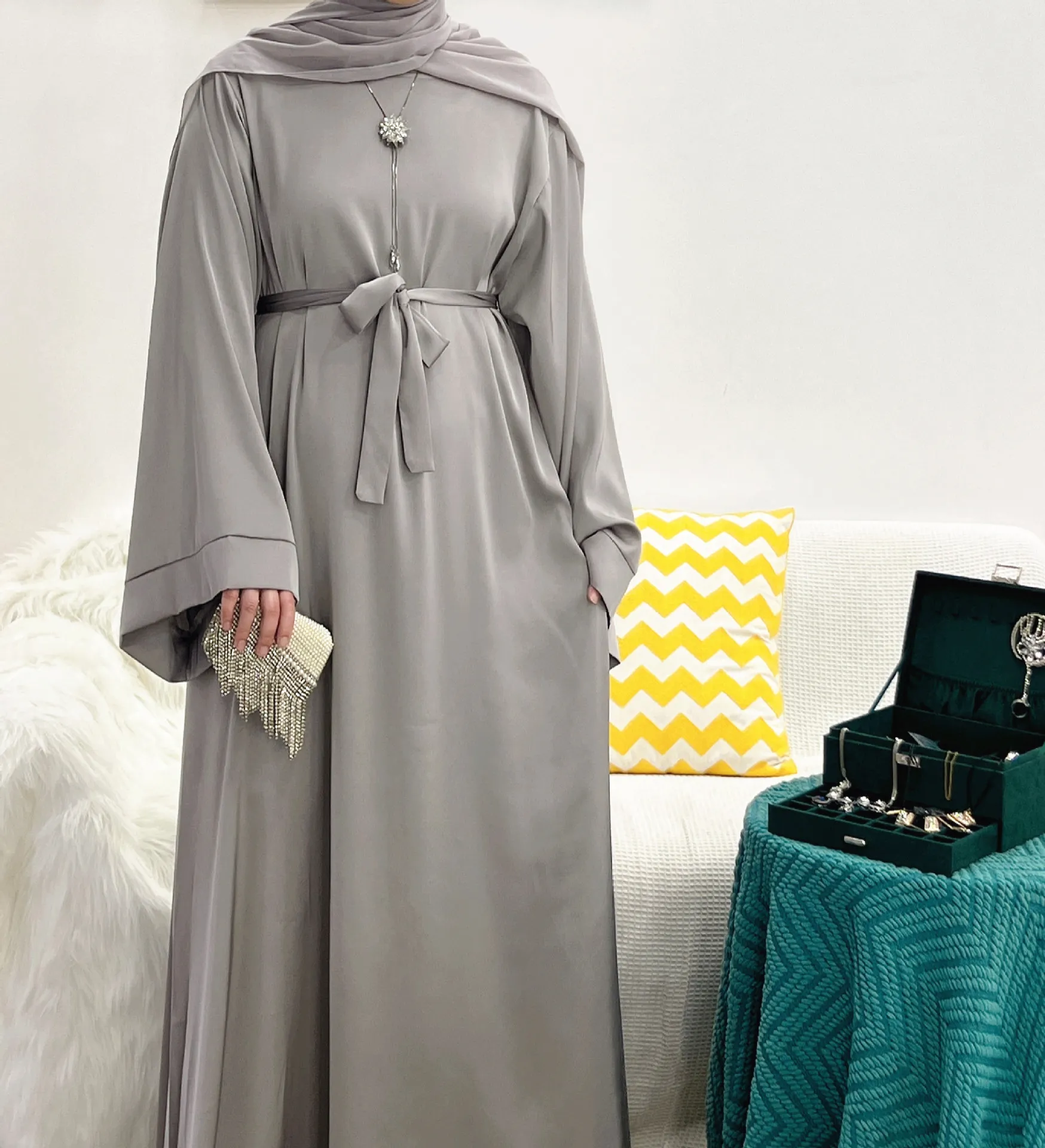 Ramadan Elegant Long Dresses Solid CoLor Casual Loose Belted Kaftan Dubai Abaya Turkey Morocco Arab Oman Muslim Women Clothing