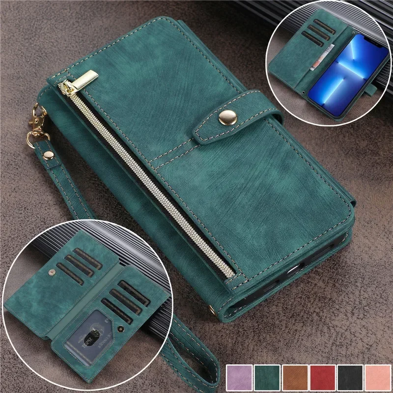 Elegant Flip Leather Phone Case with Long Lanyard and Zipper Wallet