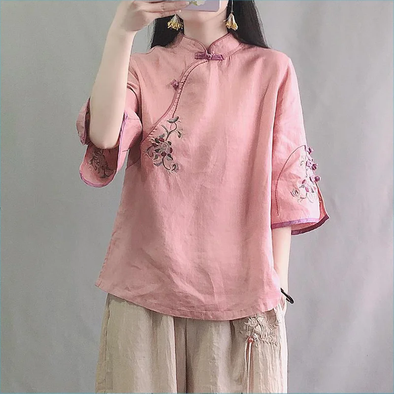 New Autumn Multicolor Seven Quarter Ladies Cotton Linen Shirt Blouse Chinese Traditional Women Formal Top Ttang Costume Hanfu