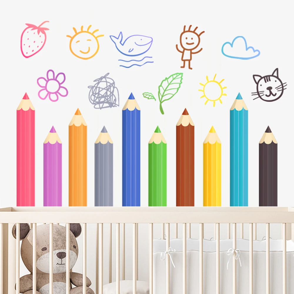 

Simple Line-drawing Cartoon Colorful Pens Wall Sticker Living-room Kids Room Kindergarten Home Decor Decal Poster Wallpaper