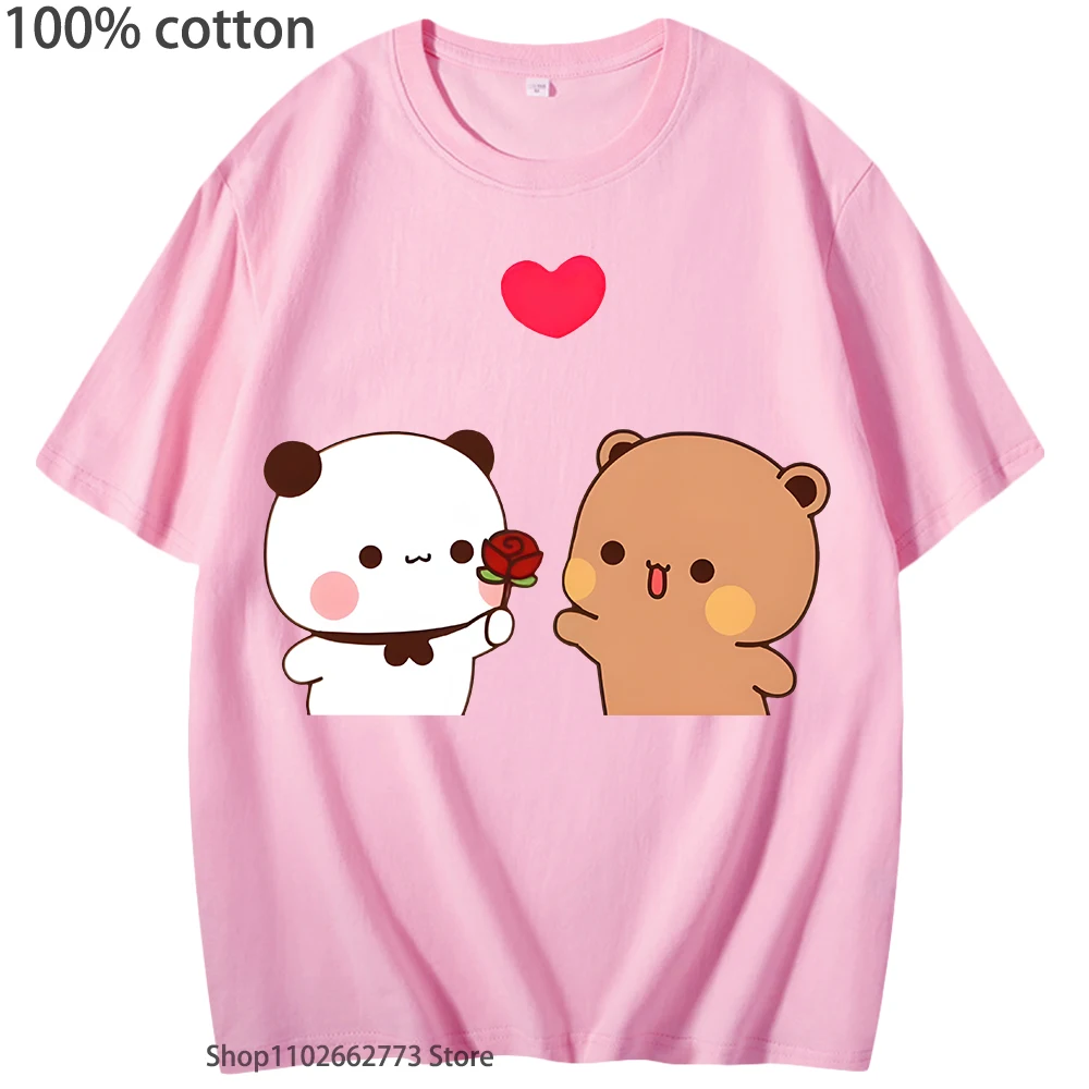 

Bubu Is Giving Rose To Dudu T-Shirts Kawaii Panda and Bear Tshirt 100% Cotton Soft Tees Women Clothing Y2k Top Kpop Casual Men
