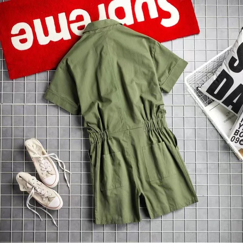 2024 Summer New Men's Japanese Short sleeved Shorts jumpsuit Set Trendy Retro Work Style jumpsuit Loose Set Ultra Thin Ice Silk 3