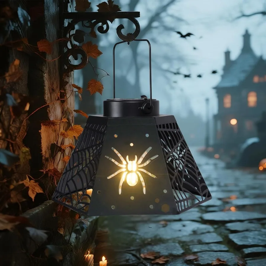 2 Pack Halloween Solar Lantern with Spider Web Design Outdoor Hanging LED Light for Yard Patio Garden Waterproof Metal Decorati