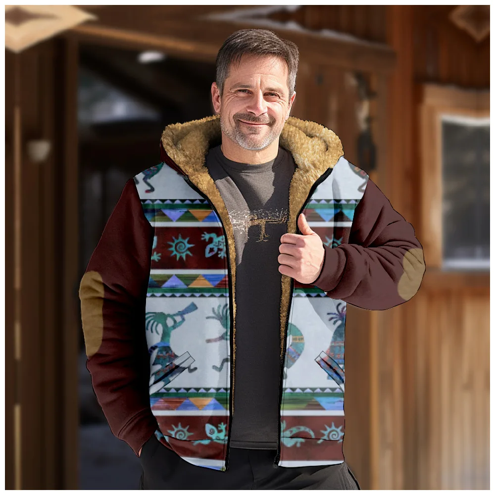 New multi color patterned hooded sweater with casual print long sleeved zippered sweater thick cotton jacket for winter