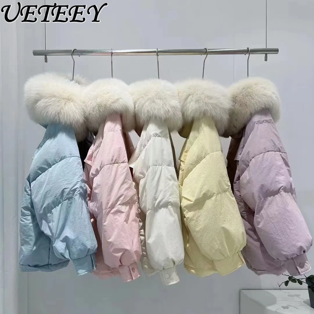 

High Quality Big Fur Collar Down Jacket Women Winter Cotton-Padded Coat Short Korean Loose Cinched Thick White Duck Down Jacket