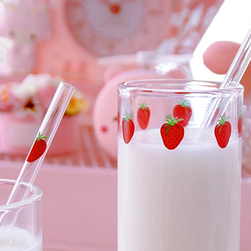 Strawberry Printed Glass Mug Cup 300Ml Nana Strawberry Glass Cup Glasses Straw Transparent Water Whiskey Lemon Tea Mugs