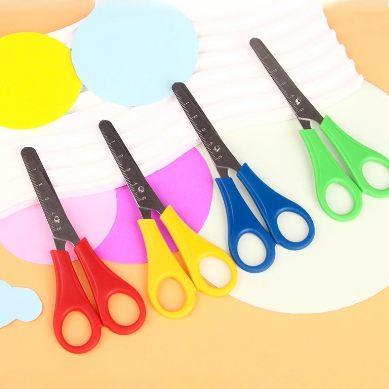 4PCS 플라스틱 안전 가위, 측정 눈금자, 둥근 끝, DIY 공예 종이 절단, 휴대용 소형 가위, 가정 및 사무실용