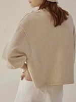 Women's Autumn Winter 100% Cotton Sweatshirt Loose Short Lantern Sleeve Spliced Pure Cotton French Casual Pullover Tops - Image 3