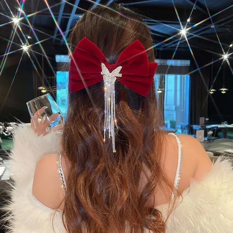 New Bow Velvet Hairpin Girl Rhinestone Tassel Hairpin Korean Handmade clips Fashion Dance Party Hair Accessories for Women childrens sandals fashion sequins rhinestone bow girls princess flat heels sandals summer dance performance kids shoes