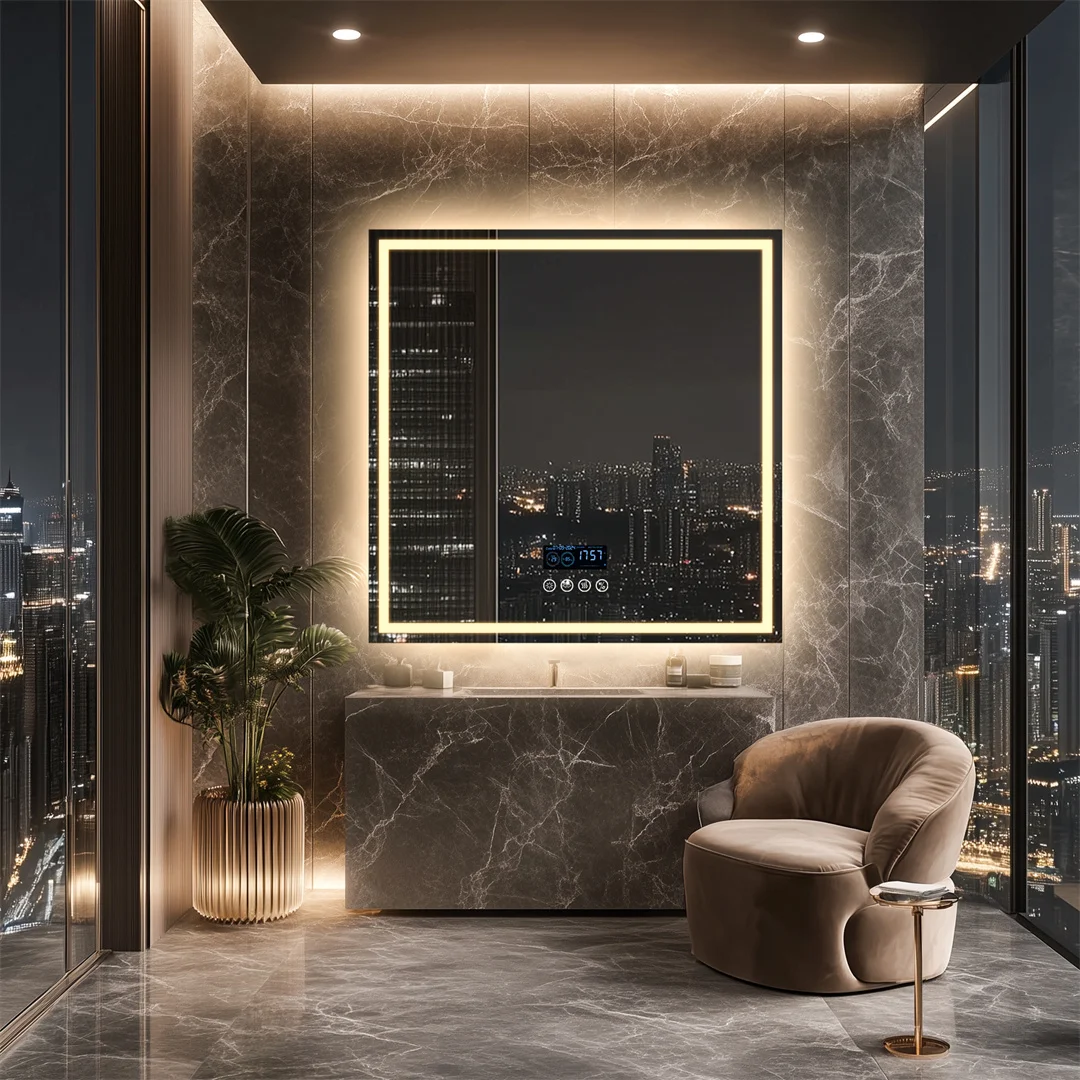 LUVODI 32 Inch Square Lighted Bathroom Mirror with Bluetooth Speaker Wall Vanity Mirror with Time Date Temperature Display