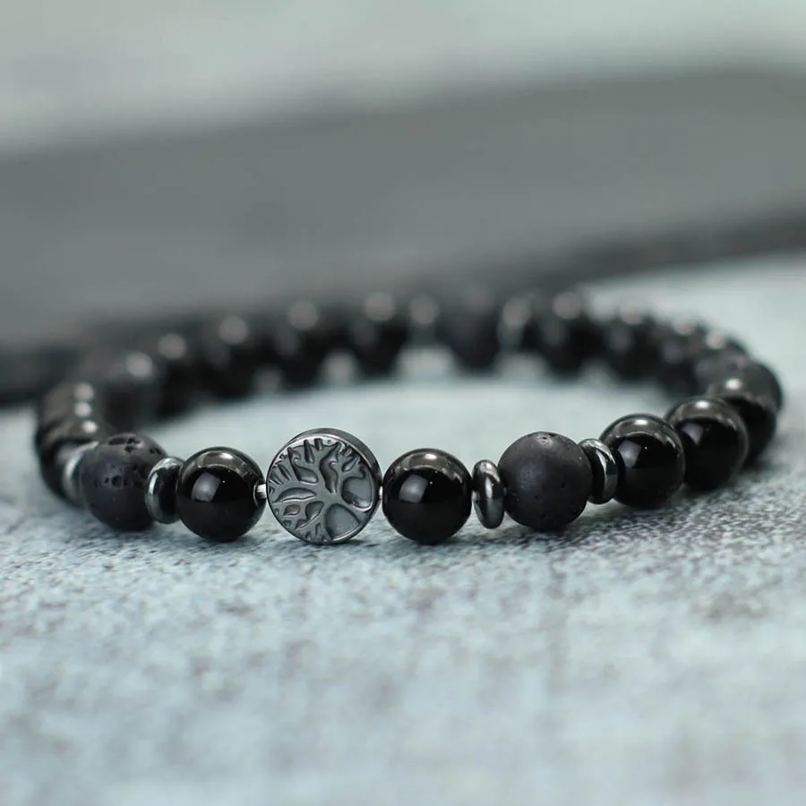 Men Natural Stone Tree Of Life Bracelet With Tiger Eyes Hematite