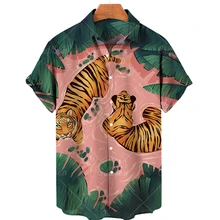 Vintage shirt short-sleeved shirts for men Hawaiian shirt tiger color print chinese cardigan oversized summer garment blouse