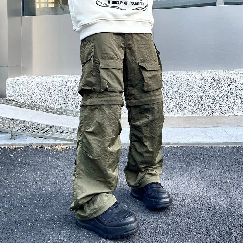 

Y2K Solid Knee Detachable Multi-pockets Mens Cargo Pants Elastic Waist Straight Casual Trousers Loose Streetwear Overalls
