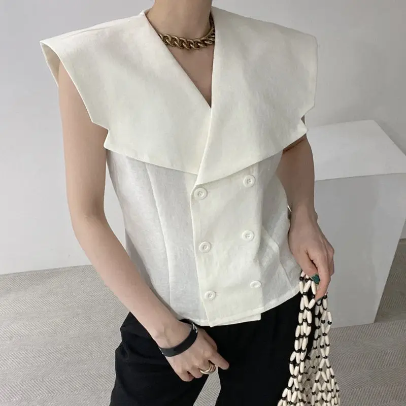 Korean summer French retro large lapel double breasted button sleeveless cardigan vest top for women