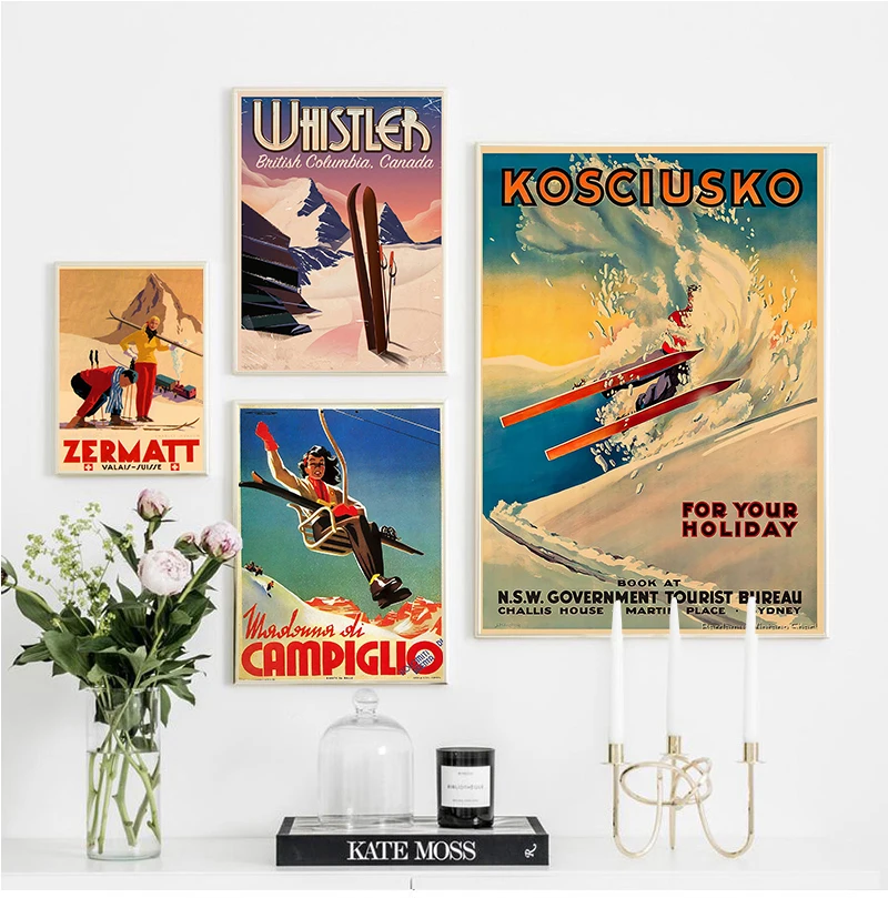 

Retro Ski in America Canvas Painting Skiing Vintage Wall Posters Coated Wall Stickers Home Decoration Pictures Gift