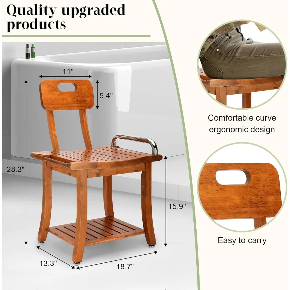 Teak Shower Bench Seat Chair with Shelf | 18.7" Solid Wood Shower Stool Waterproof Shower Seat with Storage for Inside Shower 5