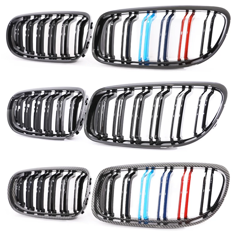 Carbon Fiber Print Grille Kidney Grill - Gloss Black & Chrome Silver Double Slat with M Color Accent