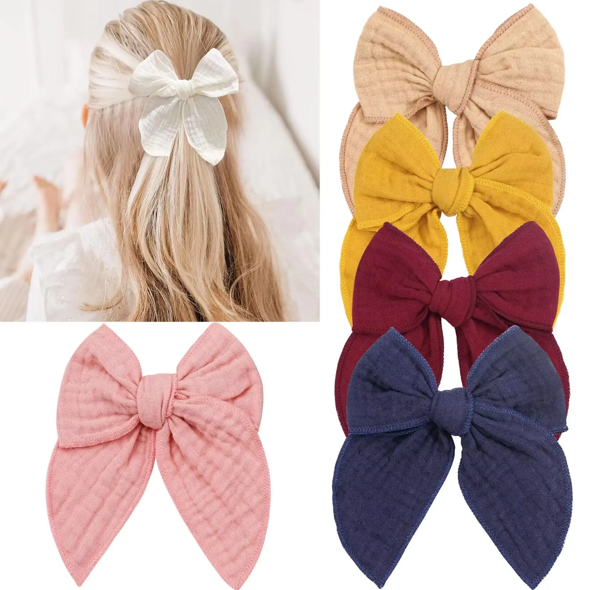 32pc/lot 100% Organic Cotton Bow Baby Hair Clips Girls Muslin Bowknot Hairpins 4.8inch Fable Bow Kids Barrettes Headwear Bulk 32pc lot 3 100% organic cotton baby soft elastic hair band solid nylon headband girls muslin bowknot headband kid headwear bulk