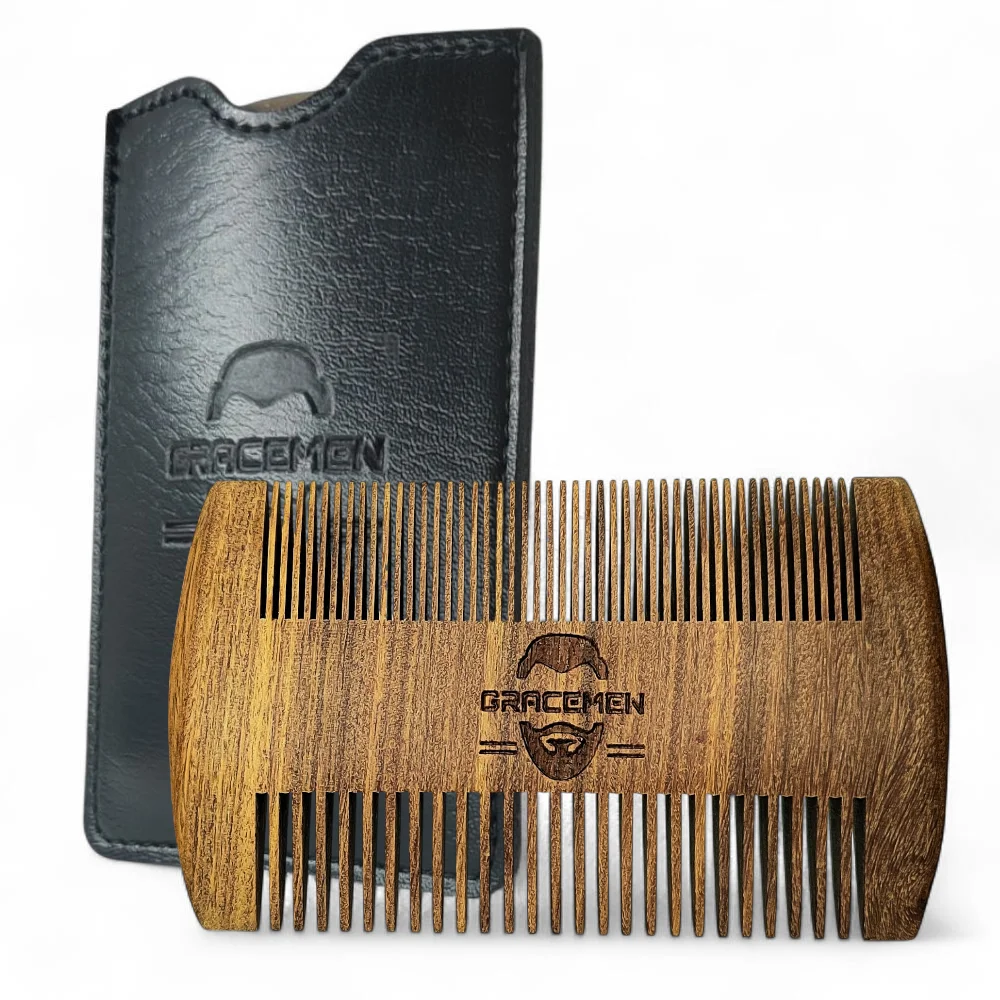 Gracemen Dual-Sided Sandalwood Beard Comb with PU Leather Case