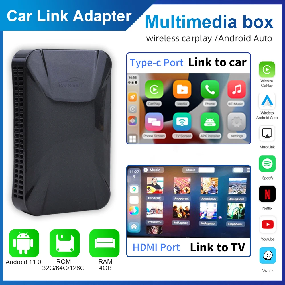 

New Carplay Ai Box Wireless Car Smart Box Multimedia Android Auto TV Box Play Netfix Adapter For Kia Skoda VW Nissan