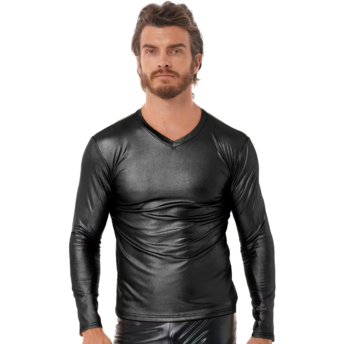 

7XL Plus Size Mens Shiny Soft Leather Long Sleeve Shirts V-neck Design Stretch Tops Male Leather Vest T-shirt Adjustable Sexi