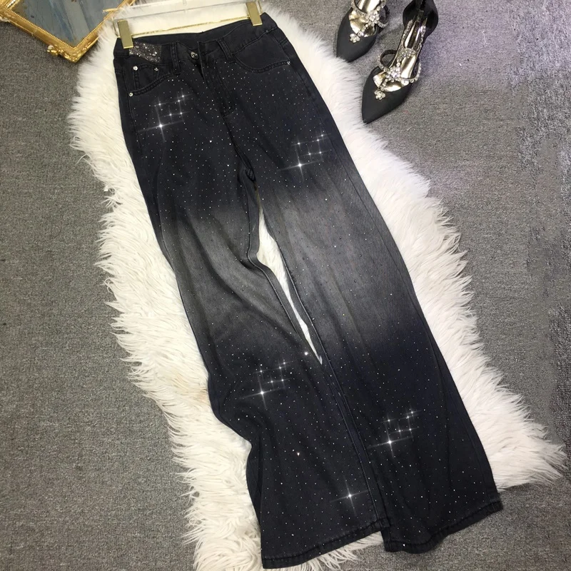 

High Quality Hot Drilling Jeans for Women New Autumn Fashion Gradient Tie-dye High Waist Straight Jeans Wide Leg Diamonds Pants