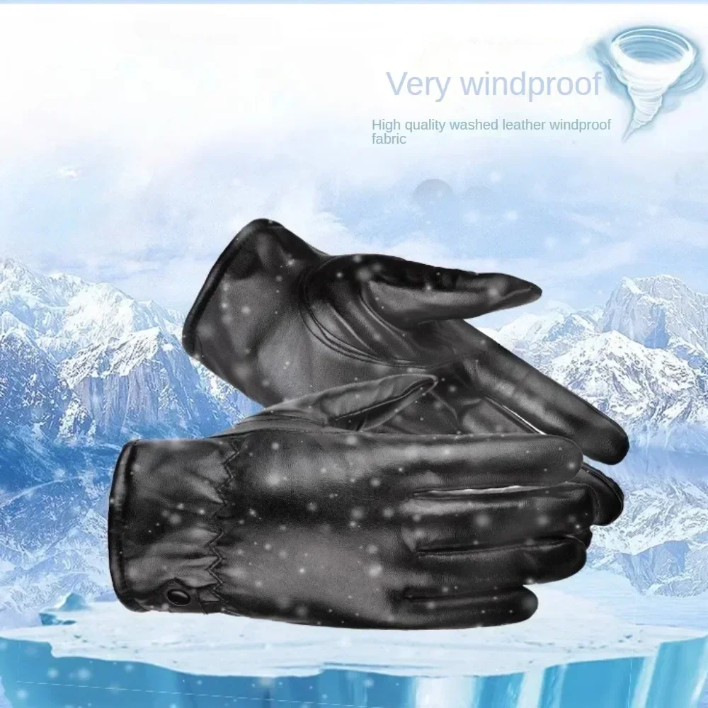 Mens Winter Black Leather Gloves Fleece Touchscreen Lined Water-Proof For Motorcycle Driving Dress Real Sheepskin Warm 6