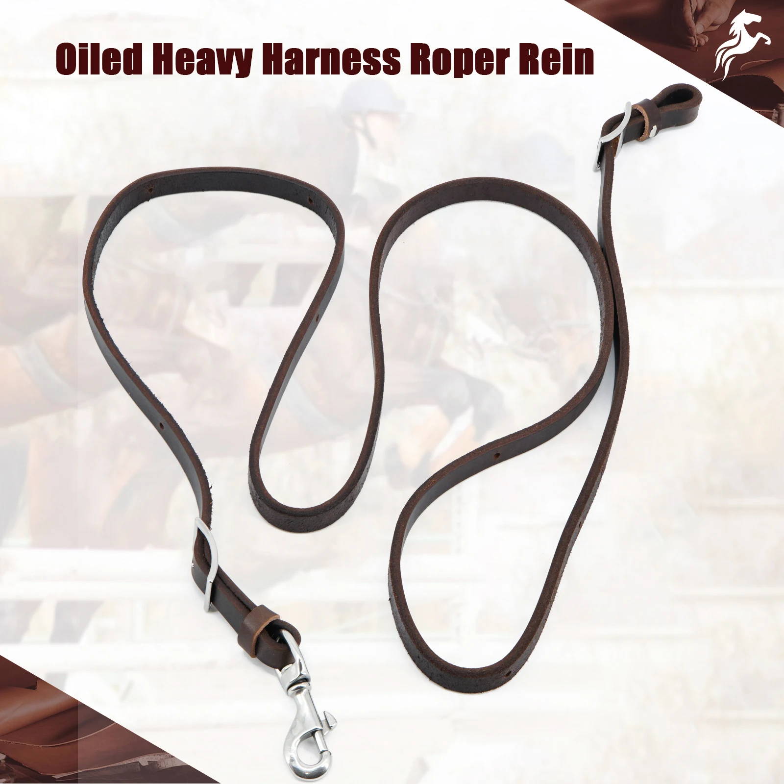 Equestrian Oiled Heavy Harness Roper Rein -Made with Harness Leather, Stainless Steel Hardware 5/8" x 7'