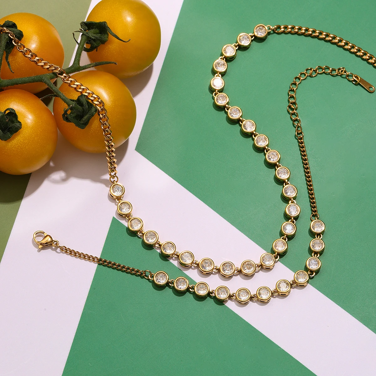 Youthway Versatile Casual Gold Plated Stainless Steel Geometric Rhinestone Tennis Chain Bracelet Necklace Set Sporty Accessories 5